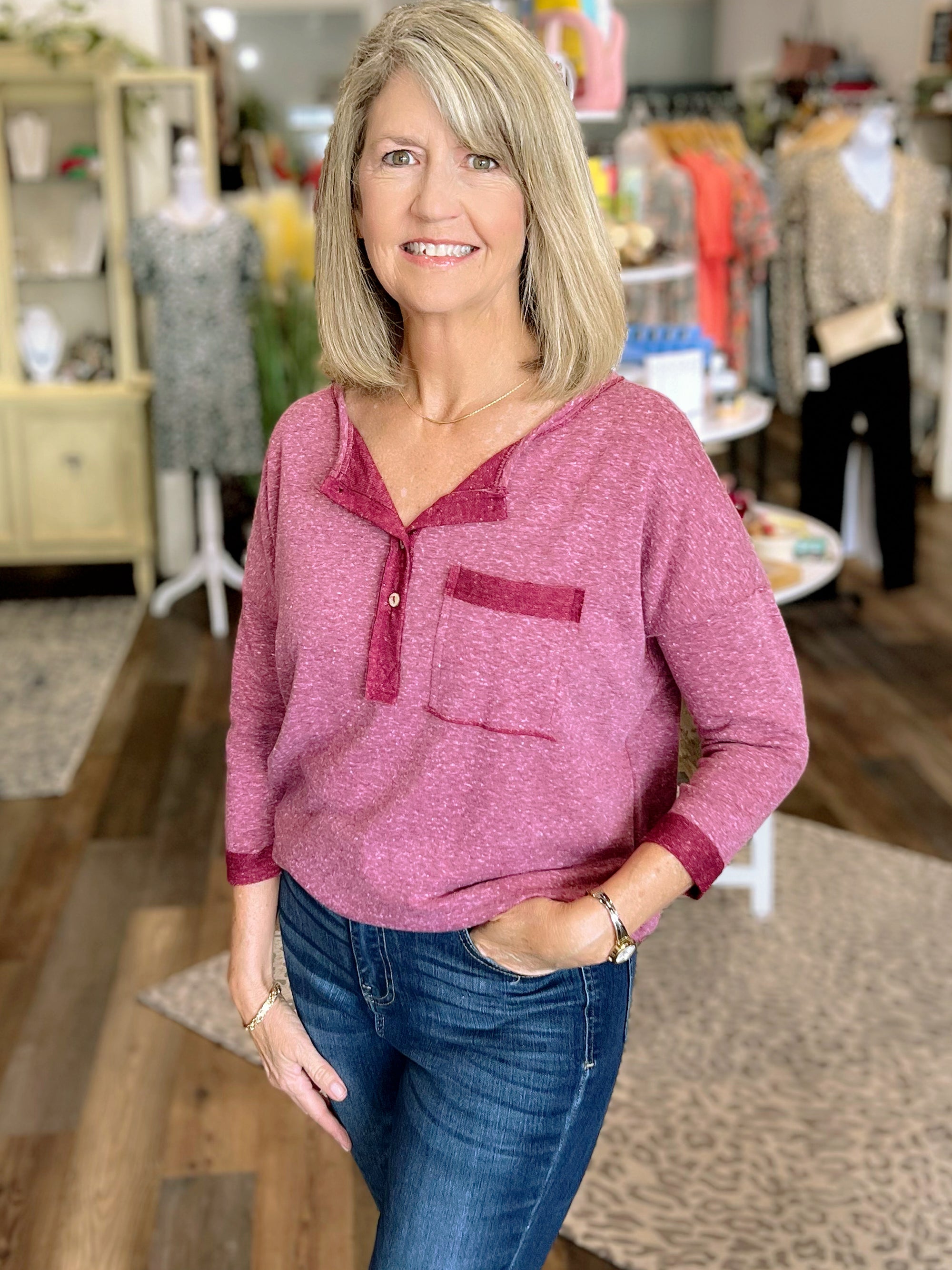 Plum Colored 3/4 Sleeve Button Top with Pocket