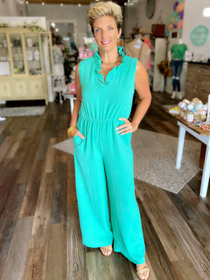 Green Ruffled V-Neck Jumpsuit