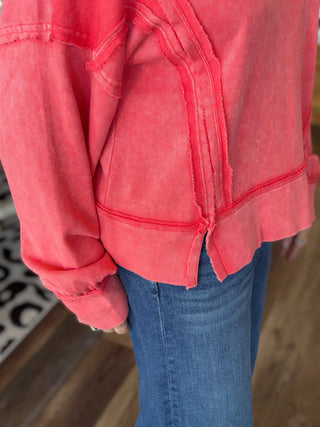 Vintage Washed Raw Edge Pullover in Tomato