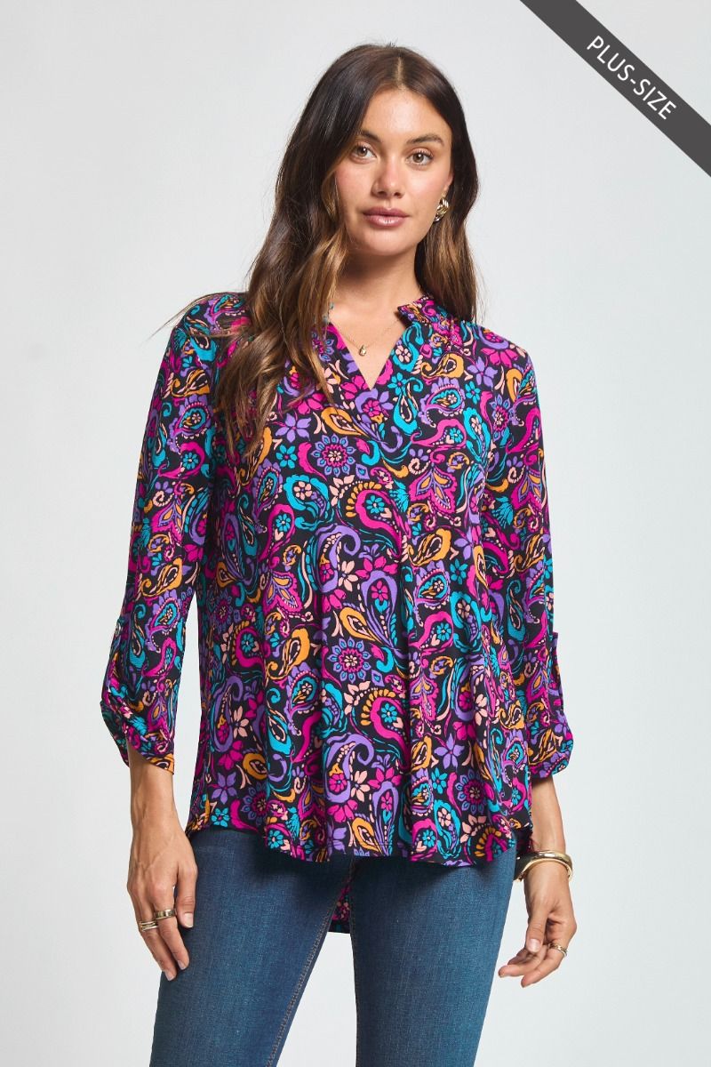 Curvy Paisley Print V-Neck Top
