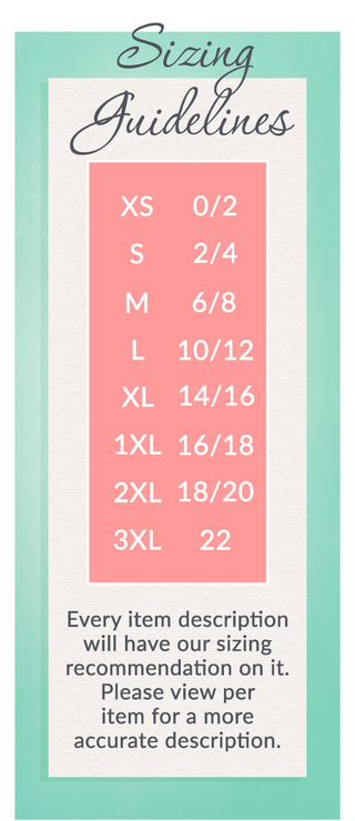 Sizing guidelines chart showing sizes XS to 3XL with number equivalents and sizing note on teal background.