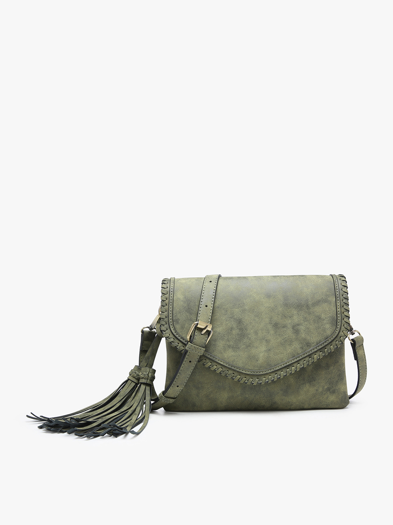 Sloane Suede Flapover Crossbody w/ Whipstitch & Tassel