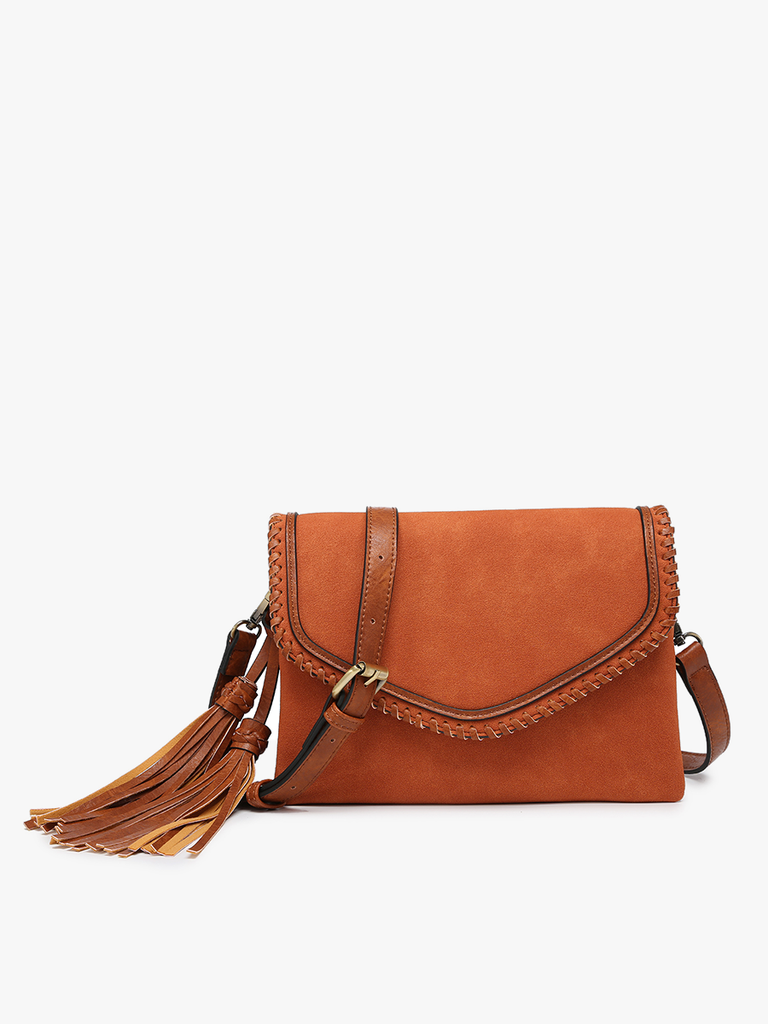 Sloane Suede Flapover Crossbody w/ Whipstitch & Tassel