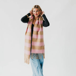 Stephie Striped Tassel Scarf inTan and Pink