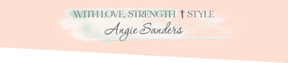 With love, strength, and style signature banner with Angie Sanders name on peach background.
