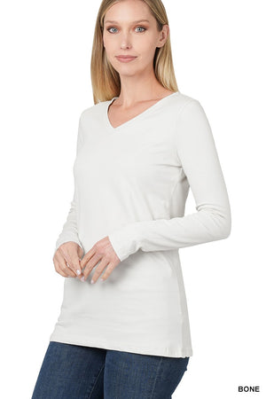 Cotton Blend Fitted V Neck Long Sleeve Tee