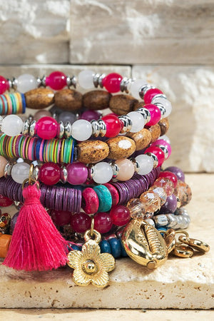 Wood And Glass Boho Bracelet Set