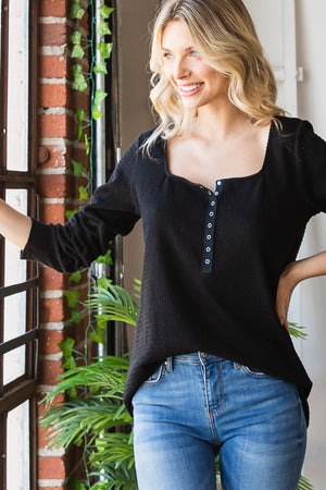 Keeping Tabs Long Sleeve Square Neck Top in Black