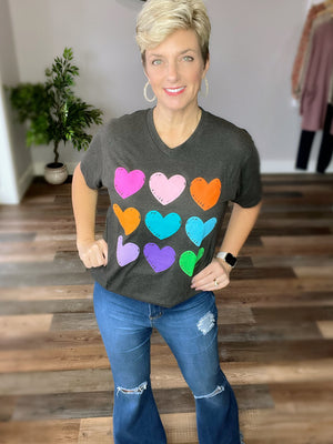 Colorful Hearts V-Neck Graphic Tee