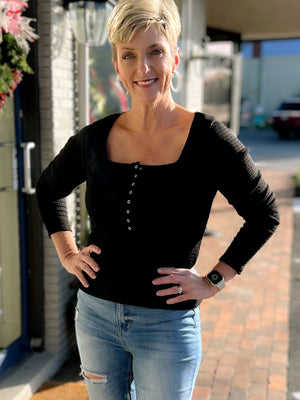 Keeping Tabs Long Sleeve Square Neck Top in Black