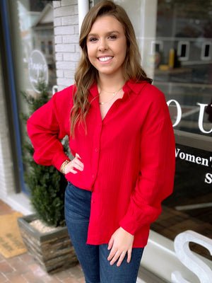 Cherry Red Oversized Gauze Button Up
